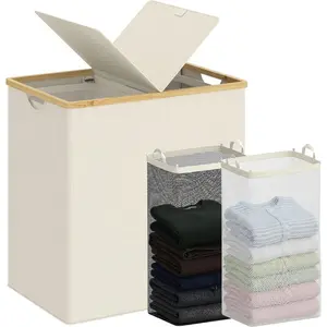 Laundry Hamper with Lid, Double Laundry Basket with 2 Removable Bags, 2 Section Laundry Bin with Bamboo Handles for Bathroom, Bedroom & Laundry Room, 140L (36.9 Gallon) Beige