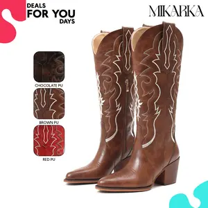 Cowboy Boots for Womens Knee High Boot Embroidered Pointed Toe Chunky Block Heel Side Zipper Comfy Wide Calf Easy Pull on Retro Classic Western Party Festival Wedding Summer Long Tall Dressy Fashion Cowgirl Shoes Deals For You Days