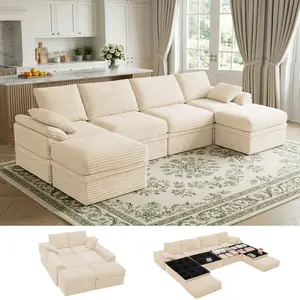 【2-3 Packages Shipping】NABUMI 142" U Shaped Couch, Modular Sectional Sofa with Hidden Storage, 4-Seater Comfy Cloud Couch with Movable Ottoman, Deep Seat Couches for Living Room, Corduroy, Tool-Free Assembly, Black BeigeDark Gray Green tiktokshopspringglo