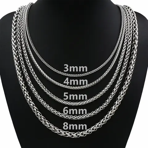 3/4/5/6/8mm Braided Wheat Chain Necklace Silver Color Stainless Steel Link 18-30" for Men Women Daily Jewelry Gift