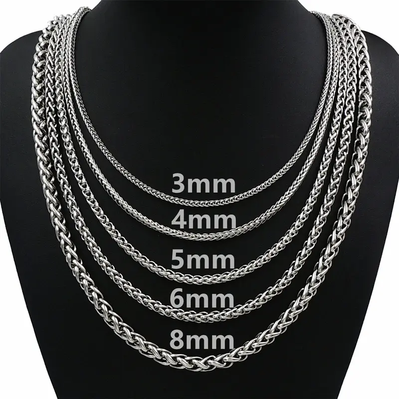 3/4/5/6/8mm Braided Wheat Chain Necklace Silver Color Stainless Steel Link 18-30" for Men Women Daily Jewelry Gift