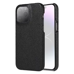 Genuine Leather Case for iPhone 15 16 14 Plus 13 12 Pro Max , Top Litchi Grain Leather Phone Protective Case,Simple Style Solid Color Phone Cases for Men and Women