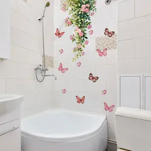 Pink Butterfly Flower Wall Sticker, Floral Pattern Sticker, Restaurant Kitchen Bathroom Bedroom Living Room Entrance Wall Decals - Home Decor
