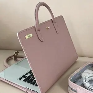 Stylish PU Leather Laptop Bag and Stand | Foldable Portable Notebook Holder with Handle & Cooling Vents | Protective Case Compatible with MacBook, iPad & 13-15'' Laptops