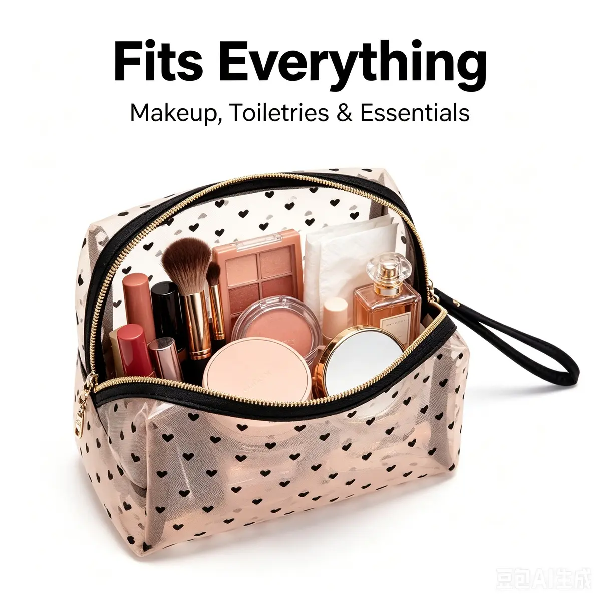 Heart Pattern Mesh Cosmetic Bag - Breathable Fold, Textured Surface, Transparent Zippered Pouch, Multi-Size Organizer for Travel & Home Use, Functional Luggage & Office Make-Up Bag