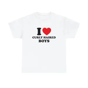 100% Cotton I Love Curly Haired Boys Unisex Tee Heart Y2K Funny Cute Romantic Meme Phrase Shirt Graphic Chaotic Witty Viral Quote Tee, Adult funny T-shirt, Gift for Woman and Man