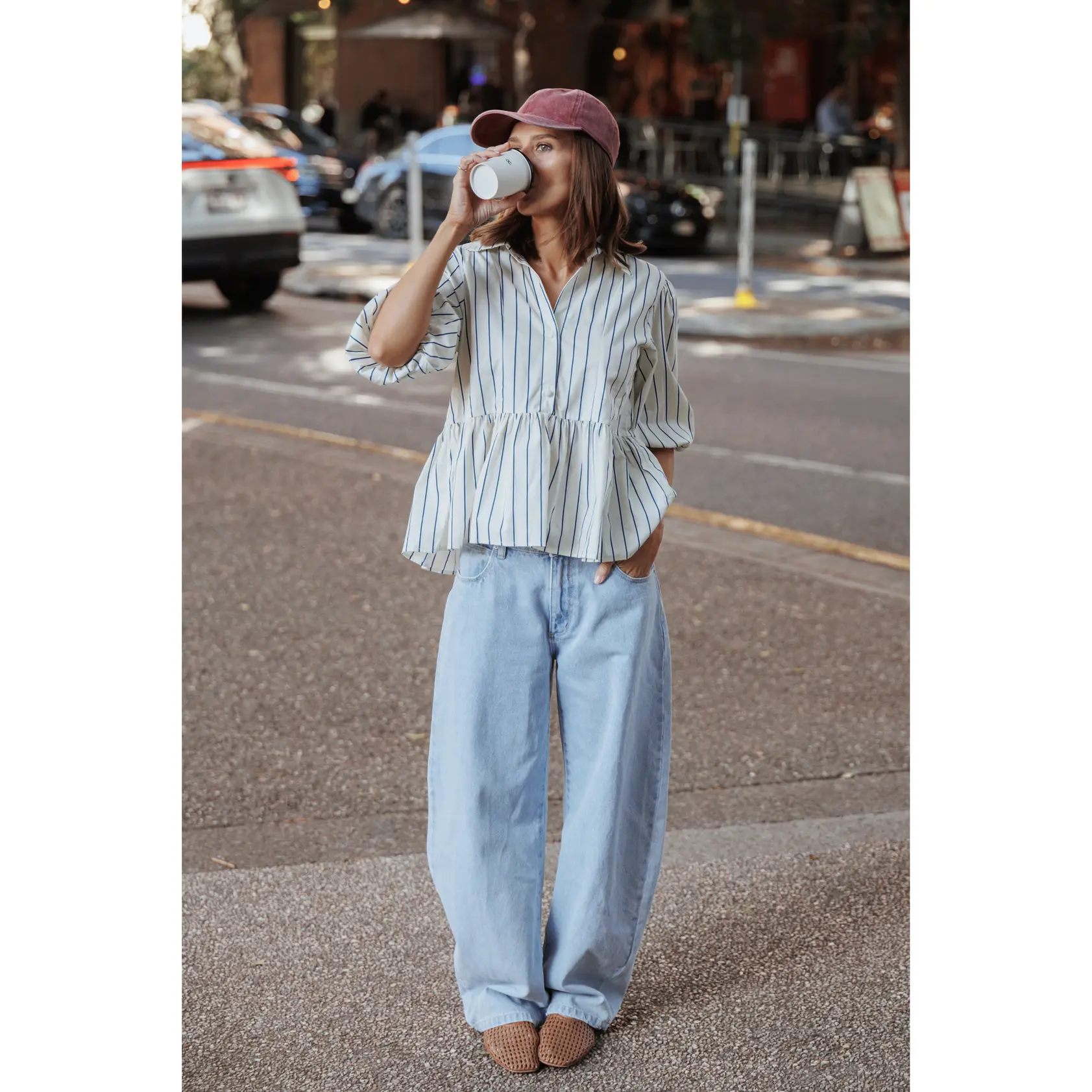 Thomas Short Sleeve Peplum Top - Yellow/Blue Stripe