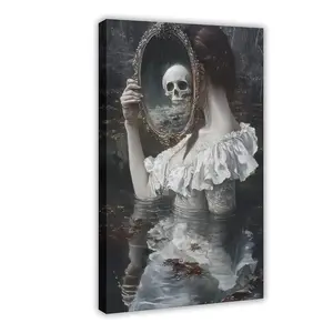 Victorian Lady in The Mirror Gothic Art Print Haunting Skull Reflection Canvas Wall Decor with Wrap Frame Vintage Horror Poster for IndoorOutdoor Bedroom Kitchen Dorm Unique Gift for Gothic Ho Anatomical Skeletal Muscle Number Of Beast Boo Pumpkin Spooky