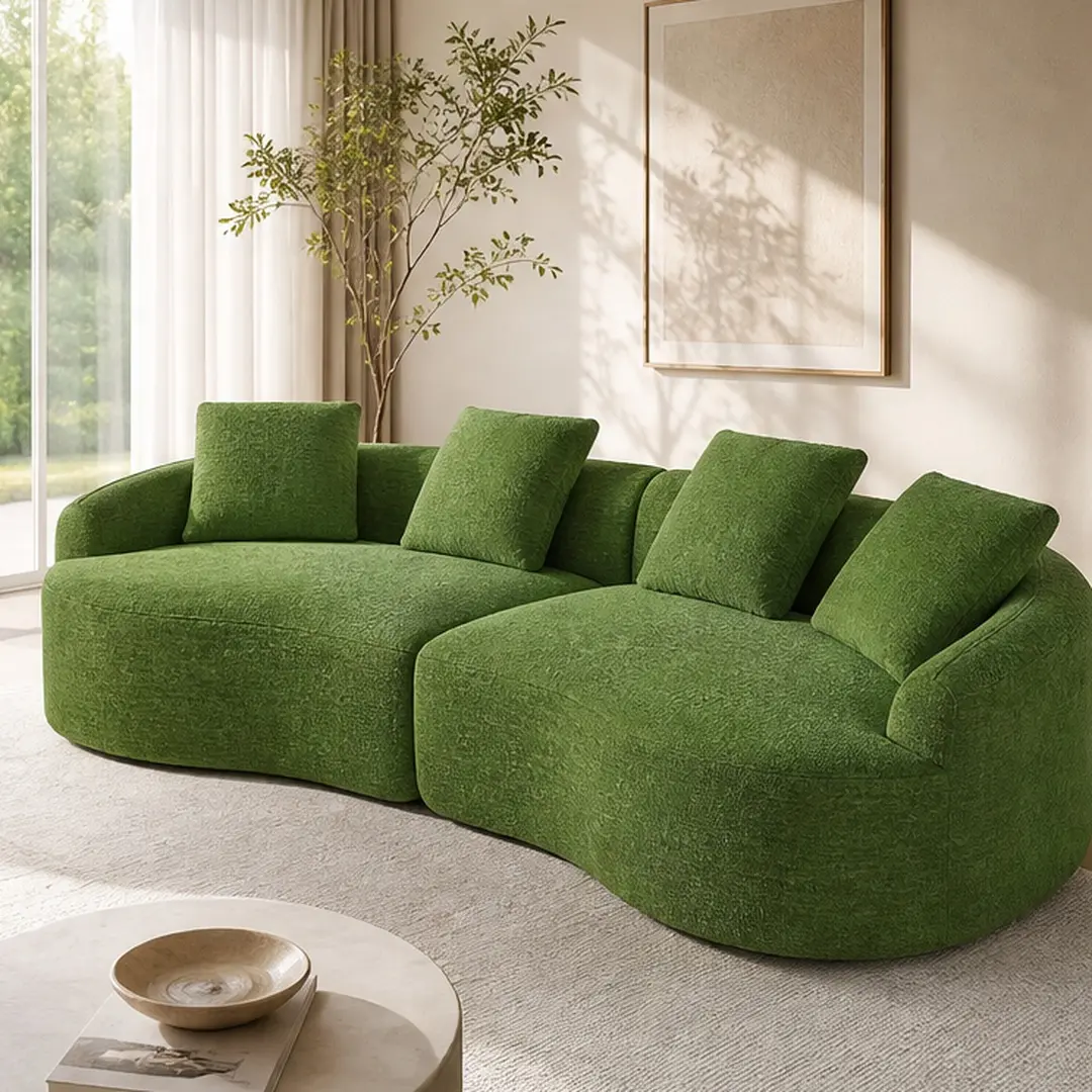 110-inch Curved Sofa for Living Room, Oversized Cloud Modular Couch, Green Chenille 4-Seater Boneless Sofa Bed with 4 Throw Pillows, No Assembly Required, All-Foam Construction, Family-Friendly, Green Color Options, Chenille Material