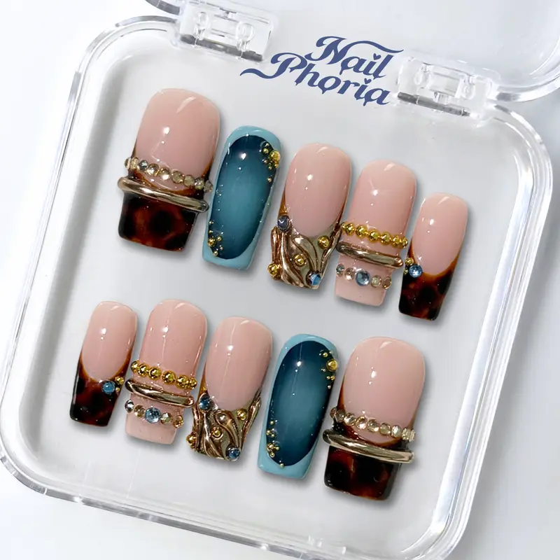 NailPhoria ATLANTIC GOLD - Fall Handmade Press-On Nails | Reusable, Salon-Quality, Long-Lasting, Glossy Design - Medium Square 25mm