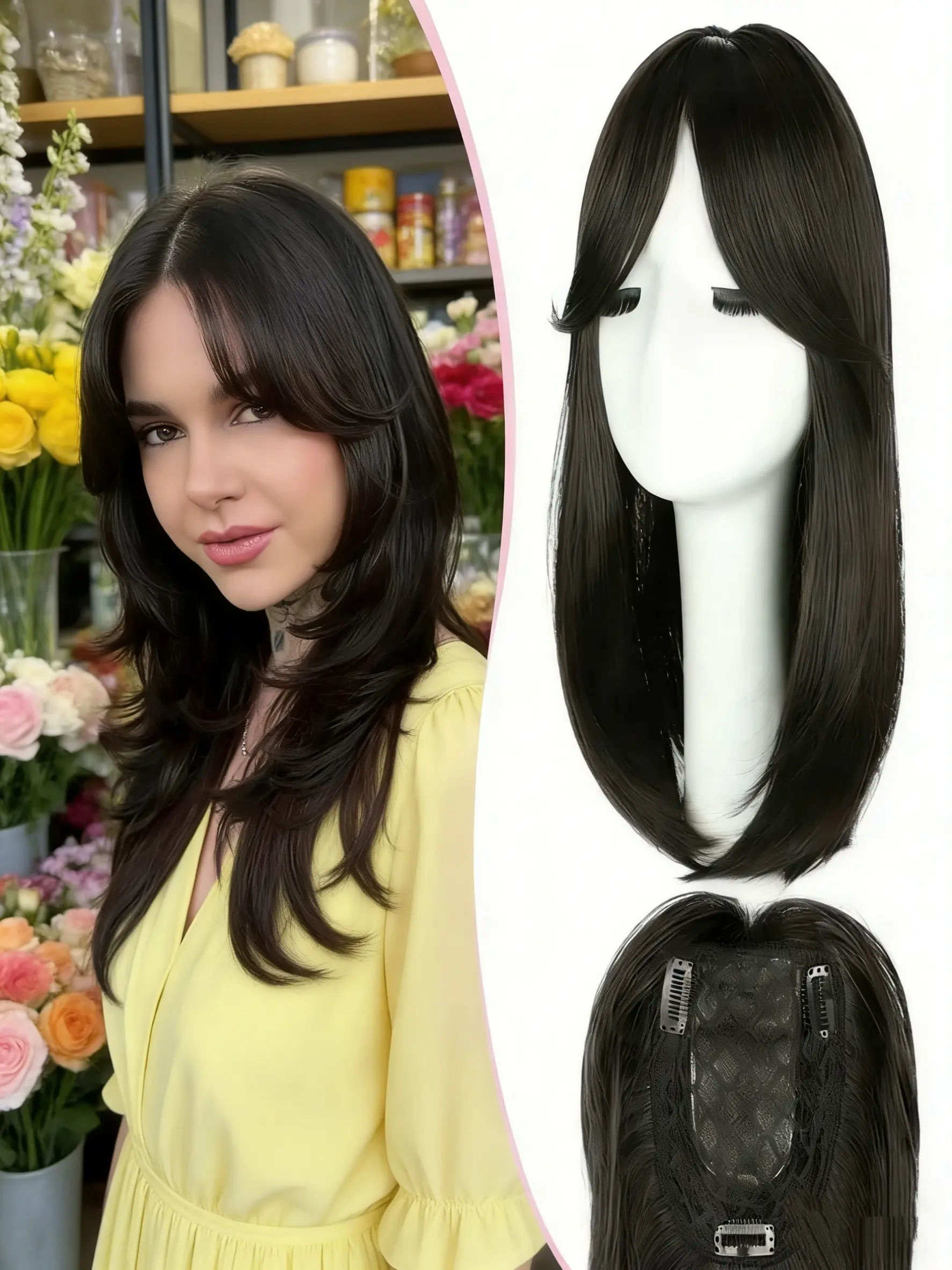 Clip-In Hair Topper with Bangs! Instantly Add Volume & Length for Thinning Hair, Natural Black Layered Style, Seamless Blend for Daily Wear, Synthetic Hair Texture