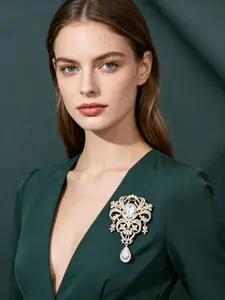 Vintage-style court gemstone brooch, heavy-duty diamond-encrusted openwork design, elegant accessory for suits/coats