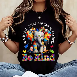 Elephant With Puzzle Pieces And Be Kind Print T Shirt Crew Neck Casual Wear For Women And Girls