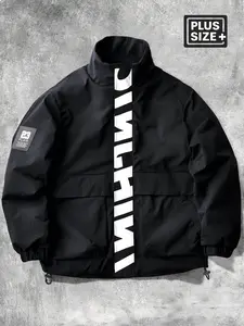 Men's Plus Size Windproof Zipper Jacket, Smooth Durable Fabric, Loose Fit Stand Collar Workwear, Letter Print Design, Retro Sport Style