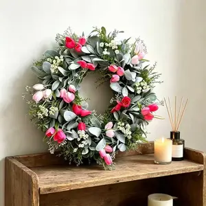Realistic Spring Summer Tulip Wreath, Gradient Flowers with Lamb's Quarters and Leaves, Farmhouse Style Porch Decor, Mother's Day and Wedding