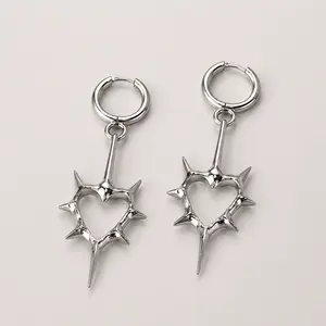 Silver-Tone Spiked Heart Drop Earrings for Women, Edgy Punk Dangle Hoop Earrings, Gothic Statement Heart Earrings, Long Trendy Fashion Jewelry