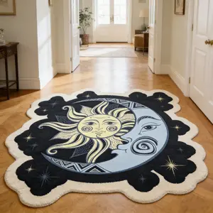 Sun Moon Same Radiance Alien Carpet Yellow Blue Black Contrast Plush Floor Mat Living Room Study Non slip Wear resistant Foot Mat Retro Mysterious Atmosphere Decorative Mat Fluffy Area Rug Suitable for Ins/Bohemian Home Decoration