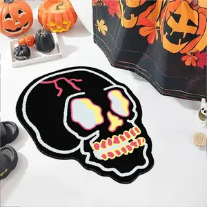 Halloween Skeleton Bath Cozy Mat, Bathroom Floor Mat, Soft Plush Absorbent Rug, Colorful Dark Style Bathroom Carpet, Suitable for Bedroom Bedside Doorway, Soft Highly Absorbent