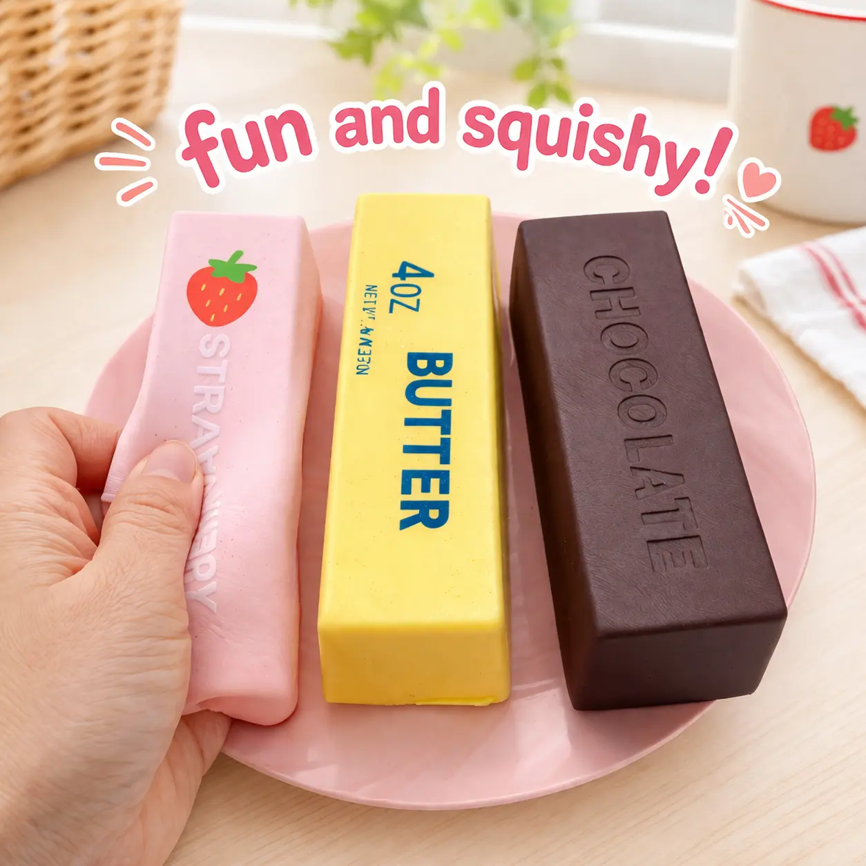 Butter Squishy Toy Set - Cream Scented Soft Stick with Strawberry & Chocolate Flavors  Soft Squeeze Toy for Stress Relief & Play - Ideal Gift for All Occasions