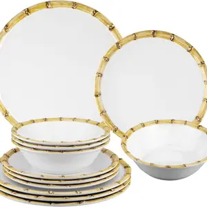 12-Piece Melamine Dinnerware Set, Includes Dinner Plates, Salad Plates, Bowls, Service for 4. (Bamboo)
