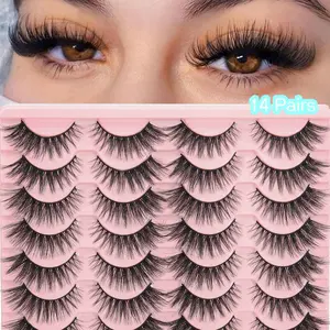 14 Pairs Long Fox Tail Crossed False Eyelashes, D Curl, Easy to Wear, Luxurious Look, Perfect for Beginners, Volume and Length, Falsies Eyelashes