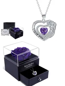 Heart Birthstone I Love You Pendant Necklace, Layered Heart Design with Forever Rose Gift Box, Perfect Valentine's and Birthday Gift for Wife or Girlfriend, Heart Shaped Necklace