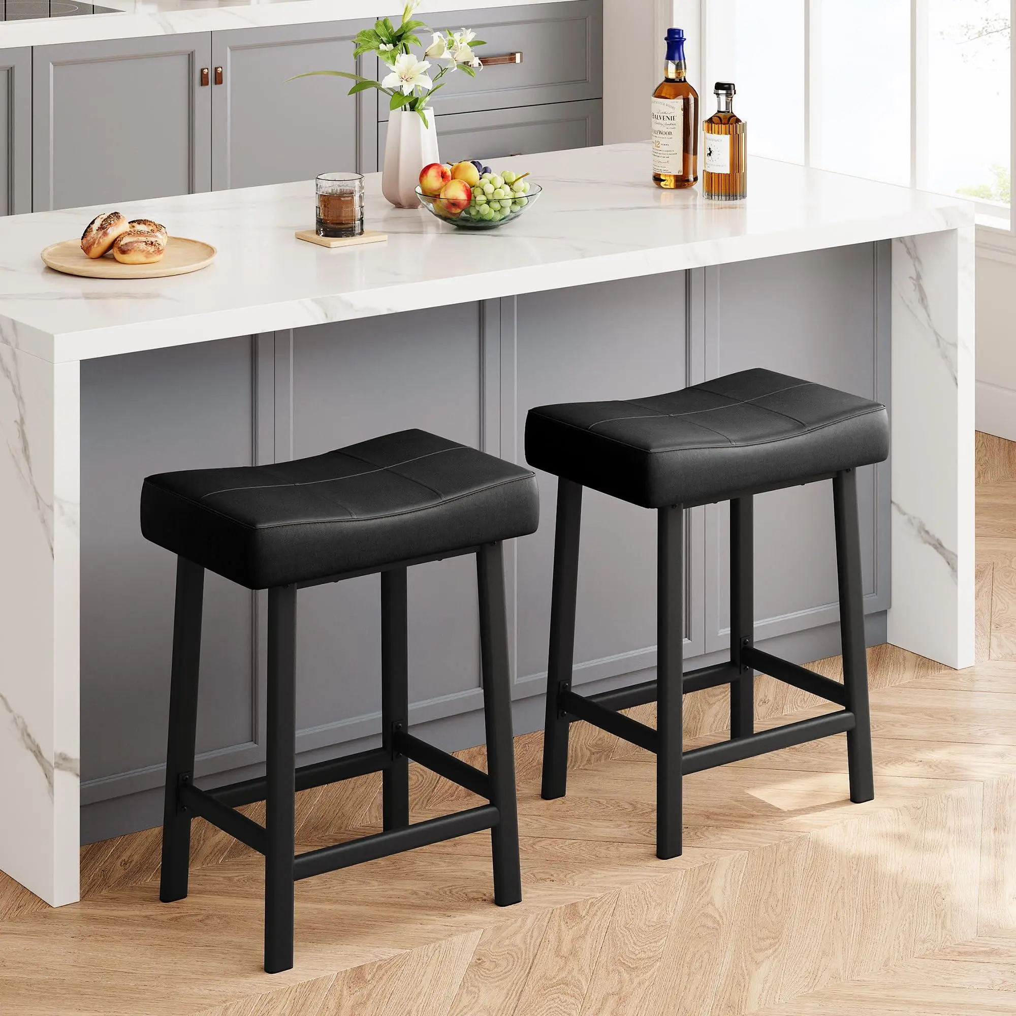 24 inch Bar Stools Set of 2 - Kitchen Stools Elegant Design, Sturdy Metal Frames, PU Leather Seats - Waterproof, Easy-to-Clean, Counter Stools Perfect for Homes, Bars, Cafes