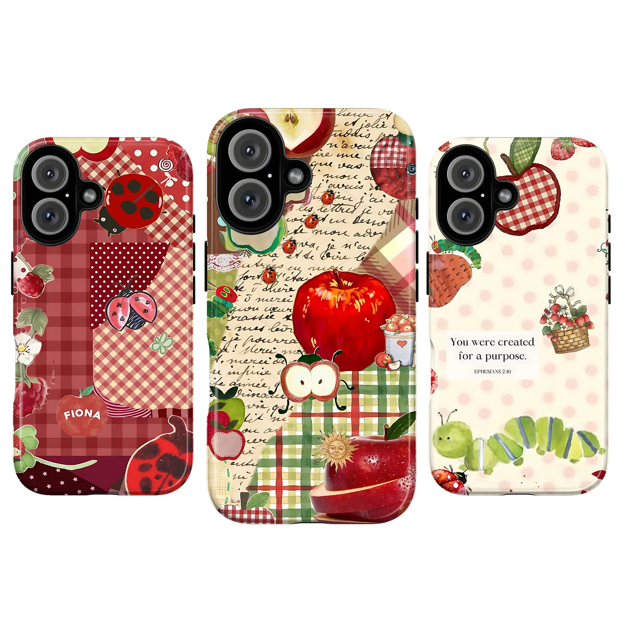 Whimsical Cottagecore Apple Collage Phone Case, Cute Ladybug & Caterpillar Aesthetic Phone Case for IP 17 16 15 14 13 12 11 Pro Max XR Xs, ed Gingham Apple & Ladybug Phone Case,Vintage Scrapbook Aesthetic, Cute Gift for Her/girl Smartphone Cellphone