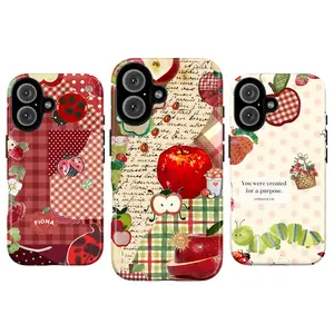 Whimsical Cottagecore Apple Collage Phone Case, Cute Ladybug & Caterpillar Aesthetic Phone Case for IP 17 16 15 14 13 12 11 Pro Max XR Xs, ed Gingham Apple & Ladybug Phone Case,Vintage Scrapbook Aesthetic, Cute Gift for Her/girl Smartphone Cellphone