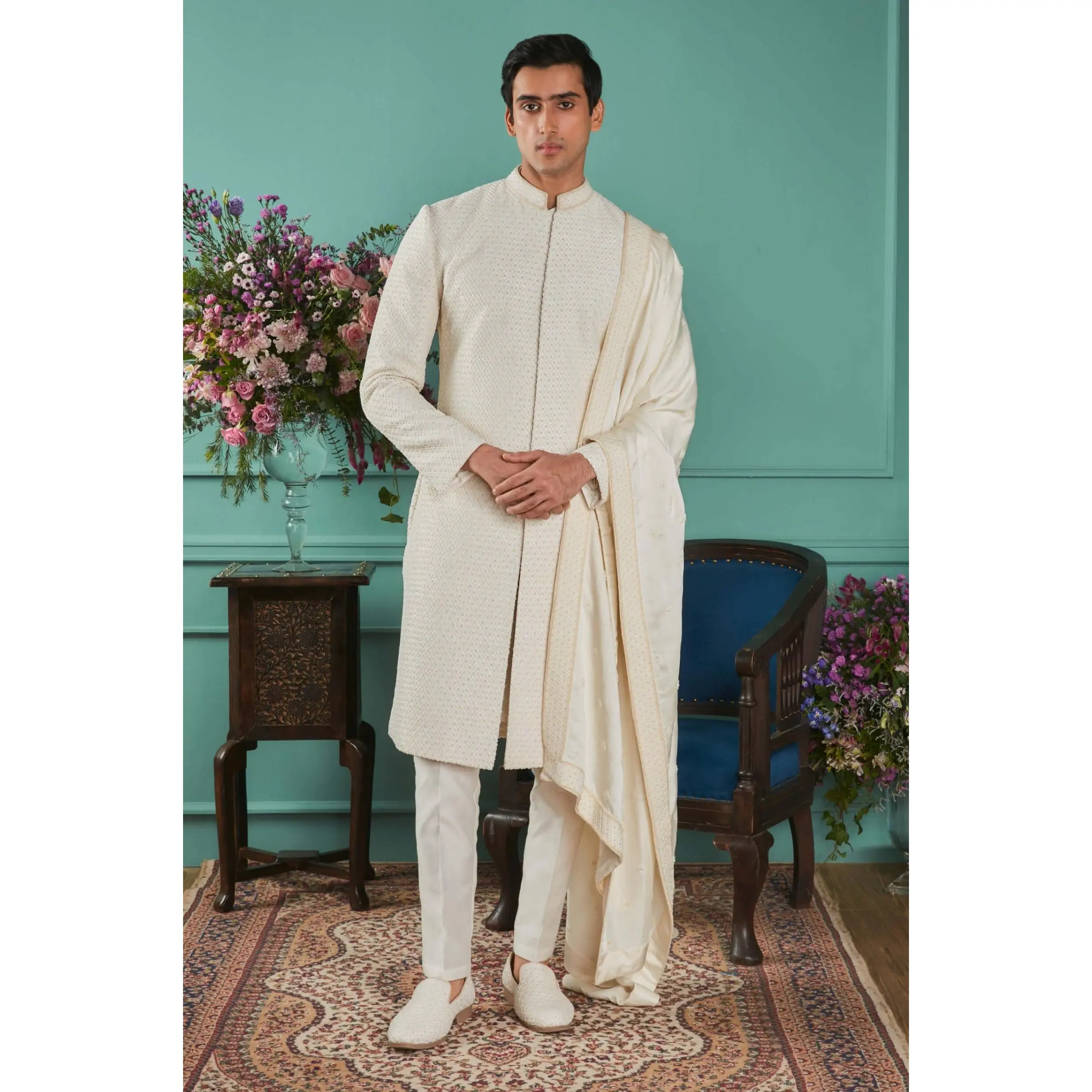 Winter white sherwani set