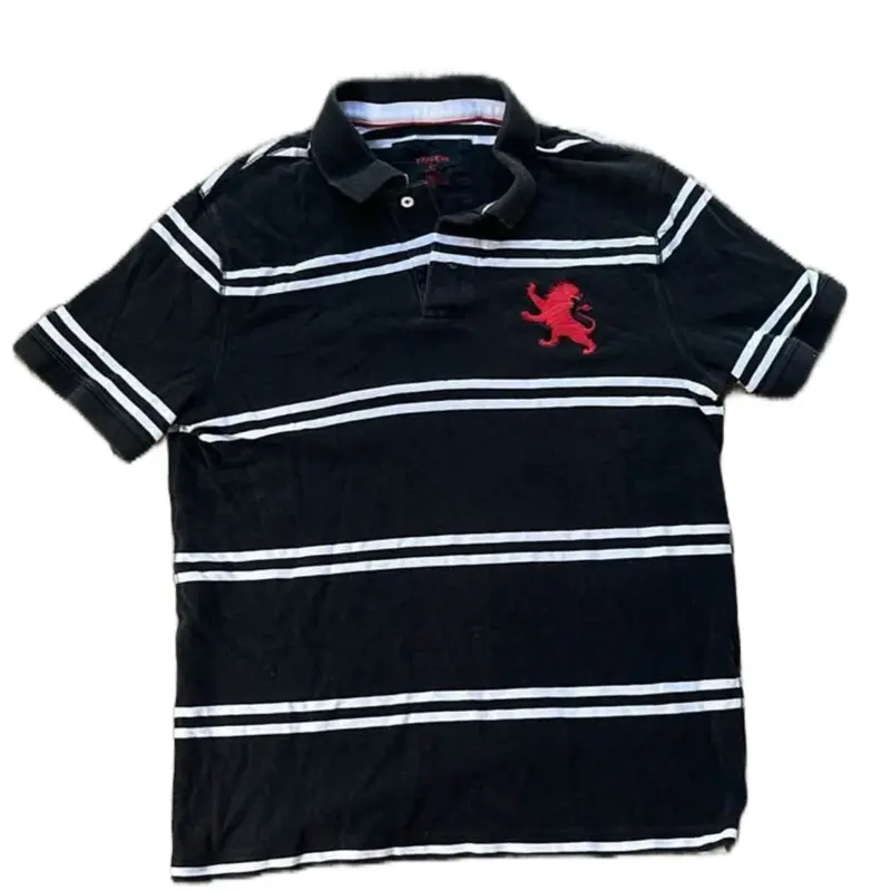 Polo Express Men's Black & White Striped Polo Shirt with Red Lion Logo