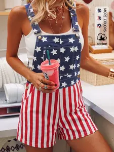 Women's American Flag Star Striped Denim Bib Shorts, Adjustable Shoulder Straps, Large Pockets, Patriotic Style, Independence Day Party