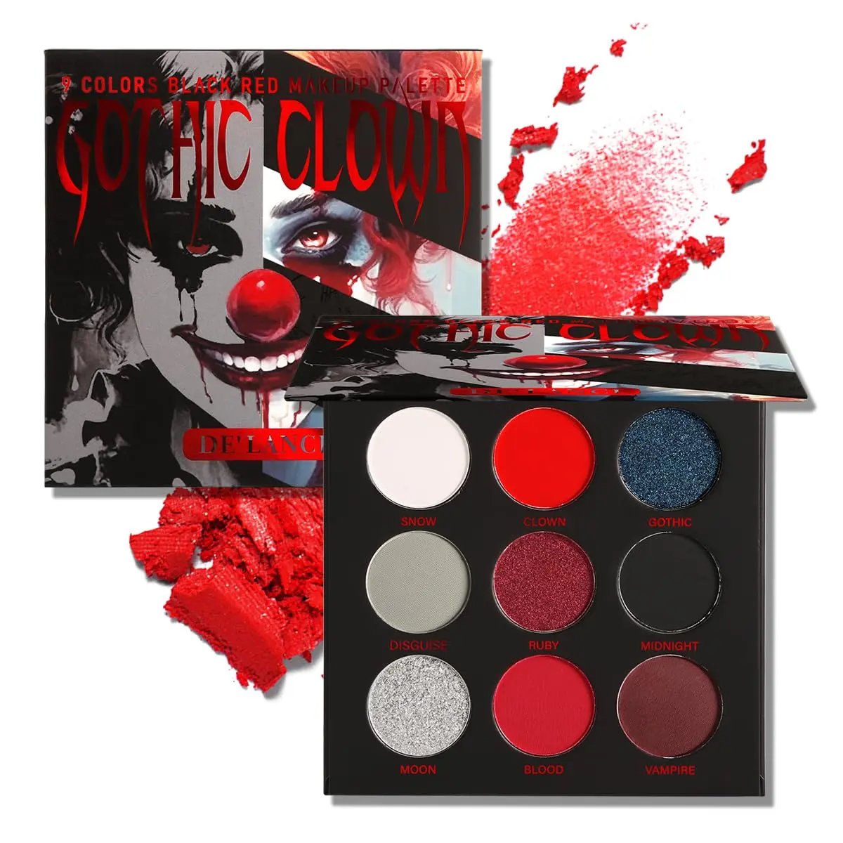 Highly Pigmented Black Red Eyeshadow Palette - Glitter-Filled, Holographic, Cosmetic Glitter, High Impact, Blood-Themed Eyeshadow with White Silver Metallic Burgundy Shades for Goth Joker Halloween Makeup, Glitter-Filled Eyeshadow
