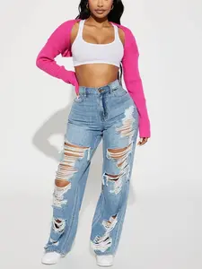 Sydney Shredded Non Stretch Loose Jeans - Medium Wash