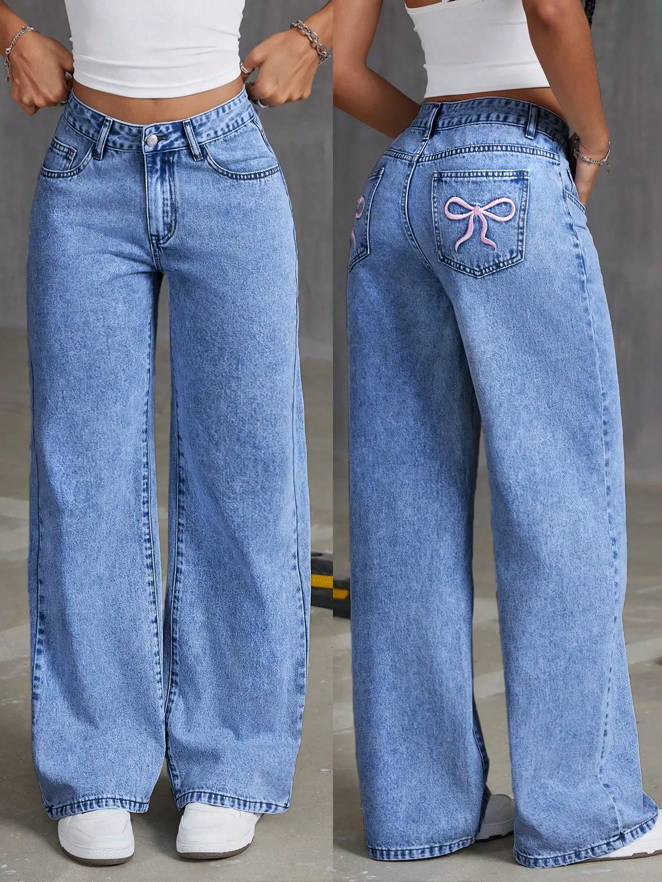 Baggy Jeans Women - Bowknot Jeans Wide Leg Y2K Denim with Pink Bow Back Pocket, Cute Casual Outfits, Medium Washed Denim, Embroidered Pink Bowknot, Versatile Style