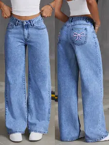 Baggy Jeans Women - Bowknot Jeans Wide Leg Y2K Denim with Pink Bow Back Pocket, Cute Casual Outfits, Medium Washed Denim, Embroidered Pink Bowknot, Versatile Style