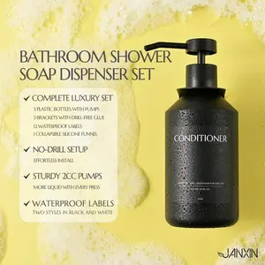 Set of 3 Wall Mount Shampoo and Conditioner Dispenser 16.9 fl oz Drill Free Refillable Shower Soap Bottles with Labels for Bathroom Decor Black Bottles Black Pumps