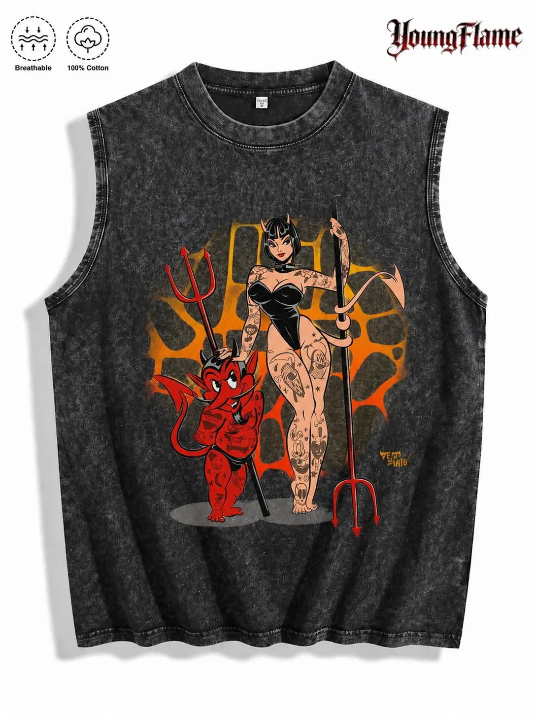Vintage Acid Wash Devil Pin Up Tattoo Art Graphic Tee A Comfortable Summer Gift Alt Aesthetic Streetwear Y2K Clothing Men Sleeveless Tank Top trendy shirt oversized t-shirt fall fashion outfit
