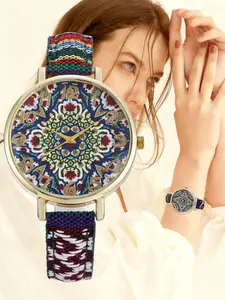 Boho Vintage Quartz Watch, Zinc Alloy Case with Woven Leather Strap, Layered Ethnic Pattern Dial, Precision Movement, Women's Daily Commute Travel