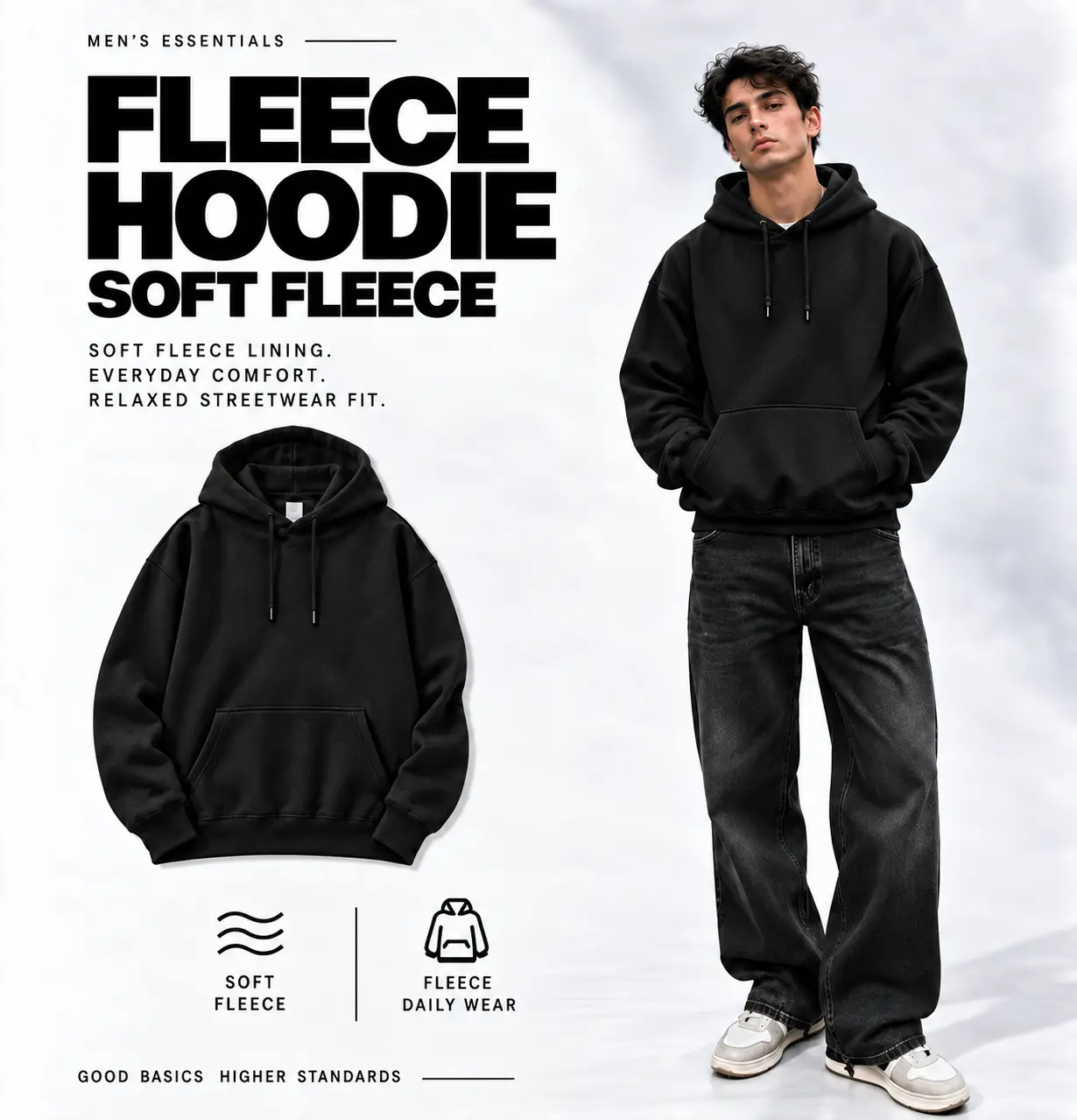 Men's Long Sleeve Fleece Pullover Hoodie - Oversized Loose Fit, Drawstring, Thickened Super Soft, Cozy Fashion Casual Streetwear Tops for Daily Wear