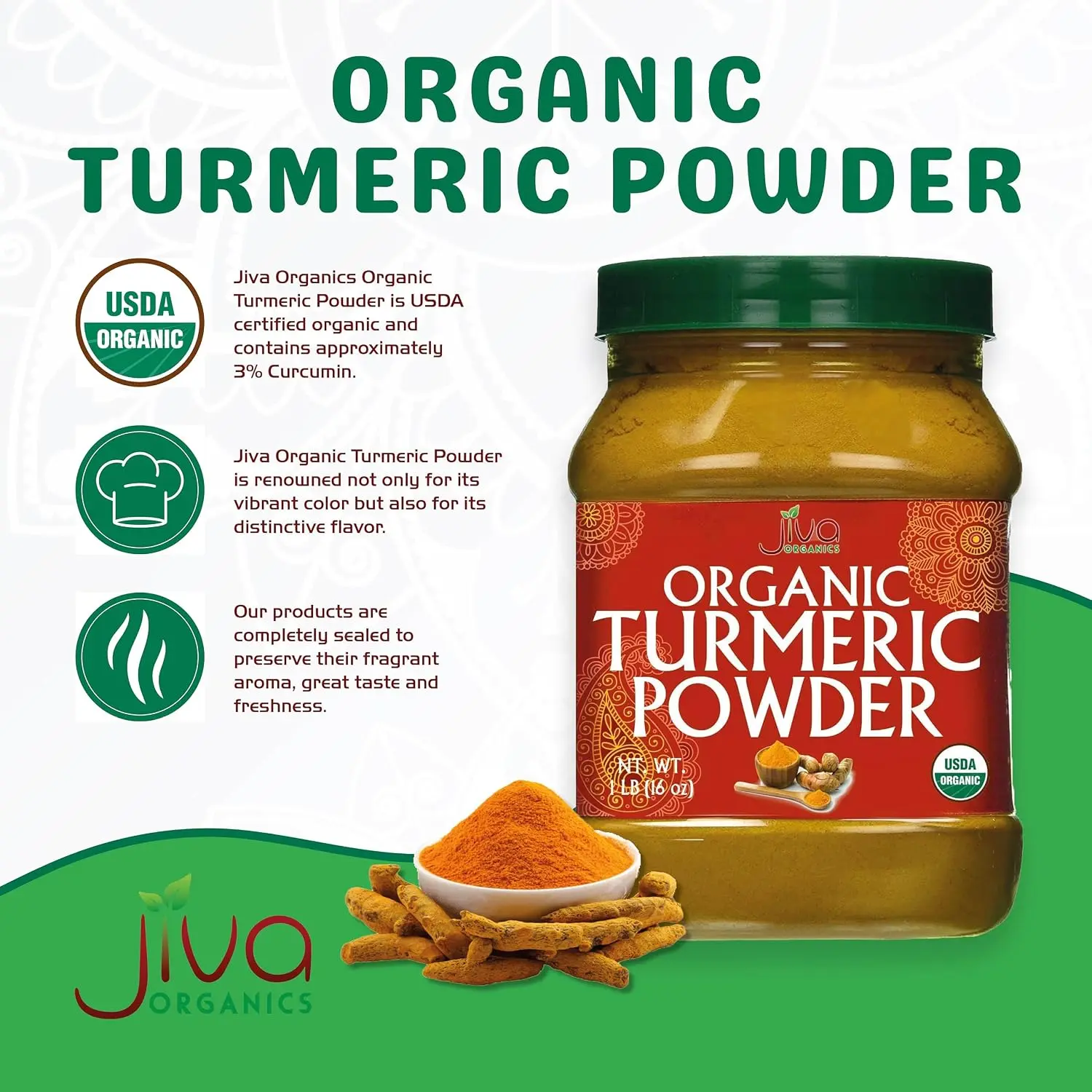 Jiva Organics Organic Turmeric Powder - 1 lb Jar, Raw with Curcumin, Natural Flavor, Lab Tested with Available Reports, Sourced from India