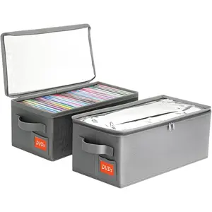 DVD Storage Box – DVD Case with Clear PVC Lid – DVD Shelf Organizer for 25 Standard DVD Cases – Foldable & Stackable Media Storage Solution – 2Pack(Gray)