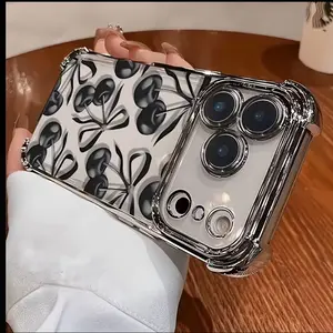 Phone Case: Black Cherry Pattern Four-corner Anti-drop Phone Case with Transparent Electroplating Protection Cover. Suitable for iPhone 17, 16 Pro Max, 15 Plus, 14, 13, 12, 11 Series and Air Version.