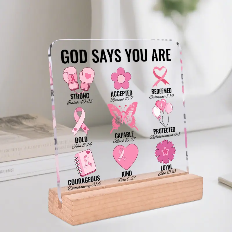 God Says You Are Strong Pink Ribbon Encouragement Motivational Plaque Sign with Wooden Stand, Breast Cancer Prevention Awareness Gifts, Treatment Cheer Up Gifts for Women, Breast Cancer Survivor Gifts