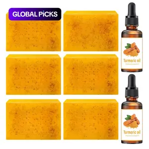 Lemon Turmeric & Kojic Acid Brightening Cleansing Soap & Turmeric Essential Oil with Soap Saver Bags, Moisturizing Skin Care Set for Women Men Face & Body Wash #GLOBAL PICKS