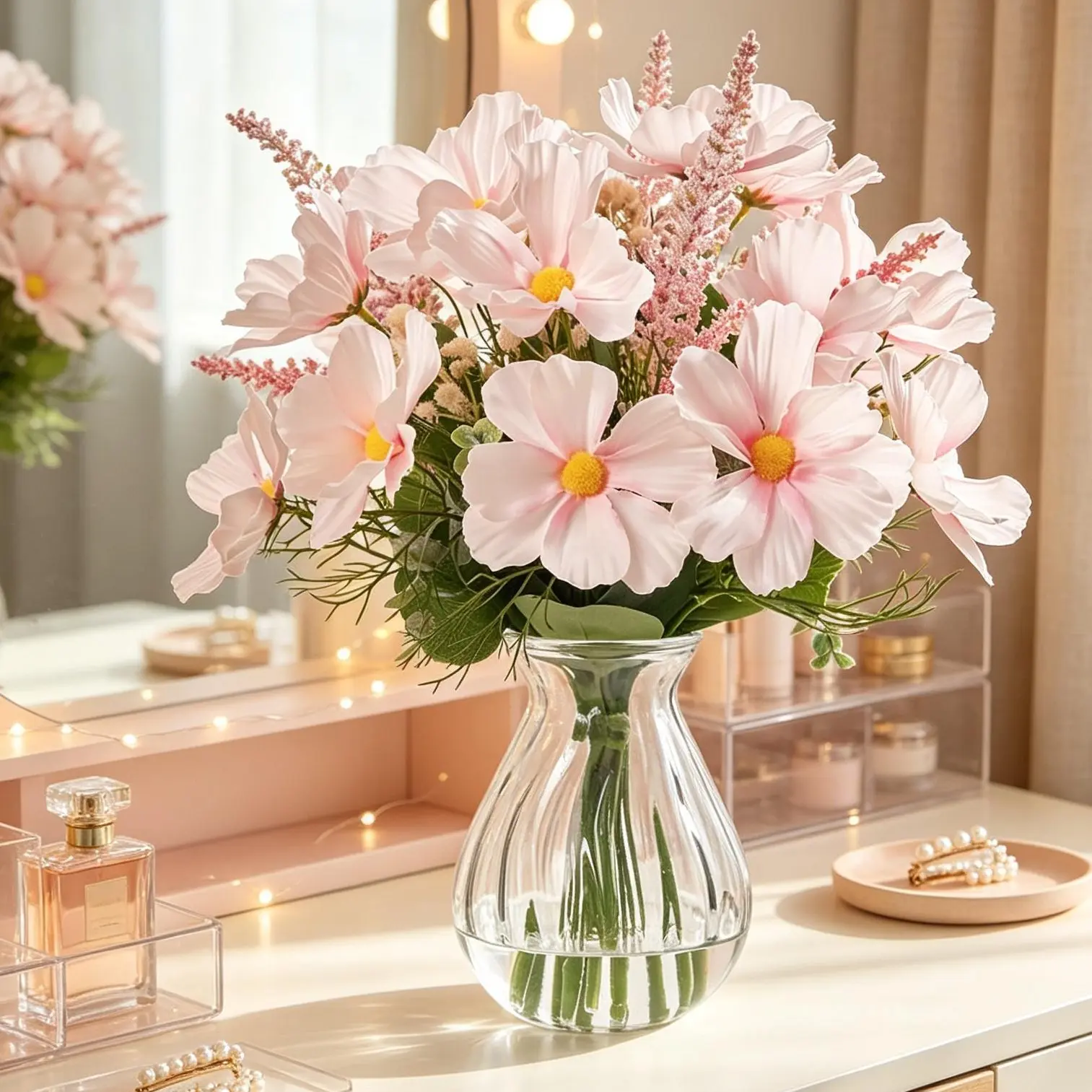 Sturdy Pink Cosmos Silk Artificial Wild Flowers Boxed Set, 4.5"x13" with Fake Water in Glass Vase, Floral Decor for Indoor Home, Bathroom, Wedding Table Centerpieces, Anniversary