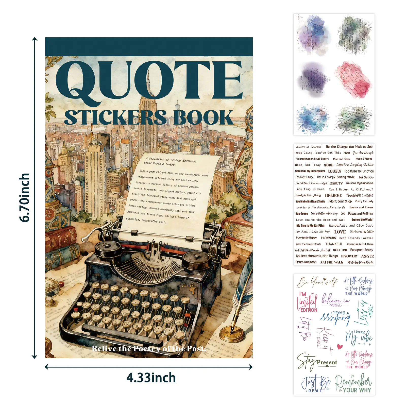 Vintage English Poetry & Watercolor Gradient Ink Transparent Sticker Book - 24 Unique Designs, 48 Sheets, 1100+ Pcs Decals, 6.70x4.33 Inches, Dark Academia Vibe for Junk Journal, Scrapbooking
