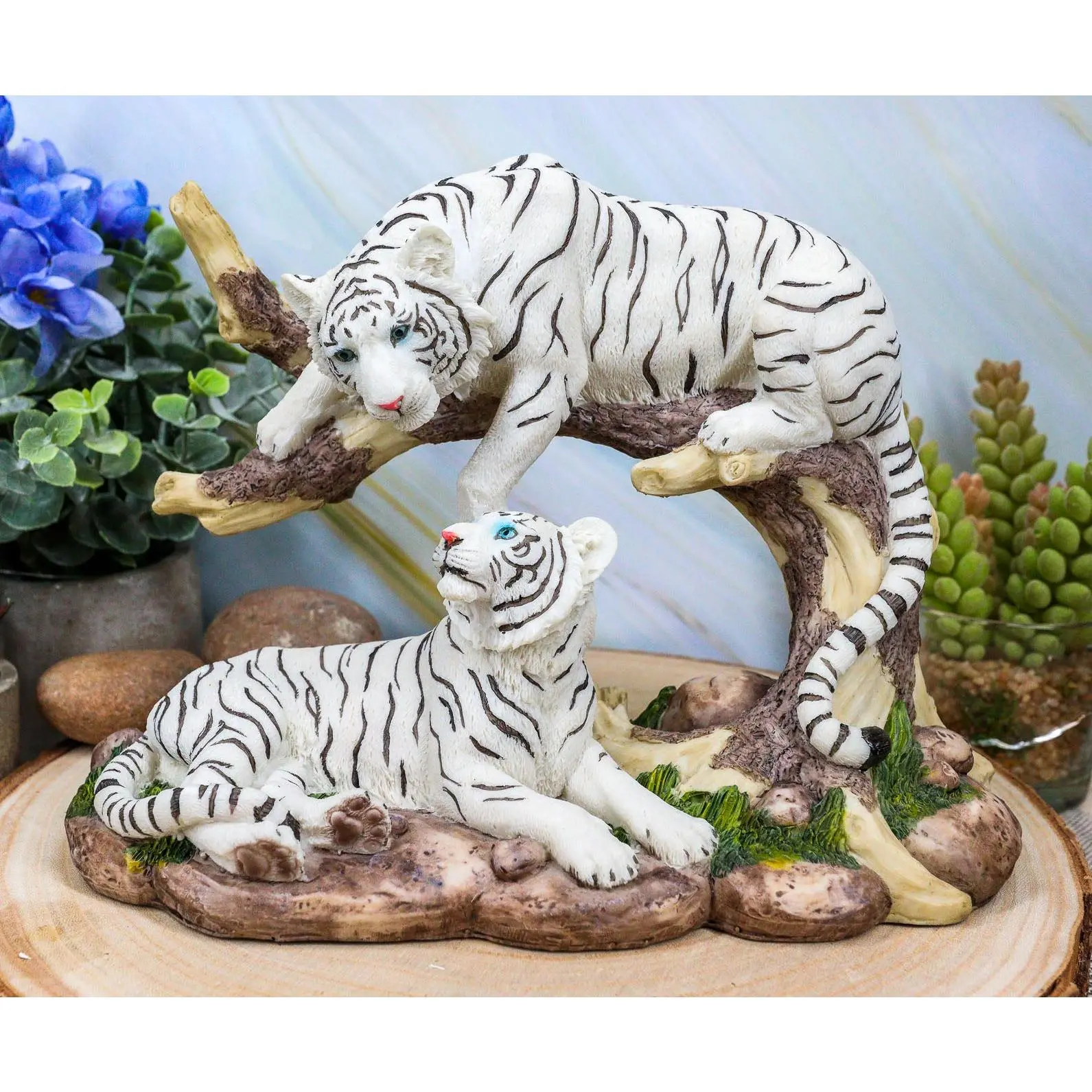 Ebros 9.25" Wide Albino Bengal White Tiger Couple Playing by Curved Tree Branch Statue As Predator Forest Tigers Giant Cats Jungle Frolic Decorative Figurine Perfect for Shelves Desktops Accent