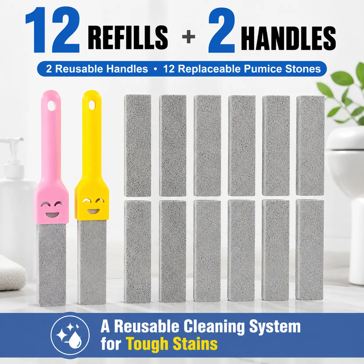 12 Pack Pumice Stone Cleaning System with 2 Reusable Handles, Replaceable Stones for Tough Stains, Toilet Bowls, Bathtubs, Sinks & Grills