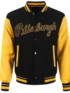 Men's Baseball Jacket Vintage Varsity Casual Fashion High-End Embroidered black Button Front Patchwork yellow PU Long Sleeve College Style Fall Winter coat.